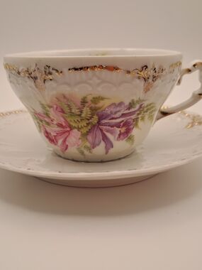 ​Antique Weimar Germany Porcelain Teacup Saucer Set Floral Orchid Gold Gilt Trim